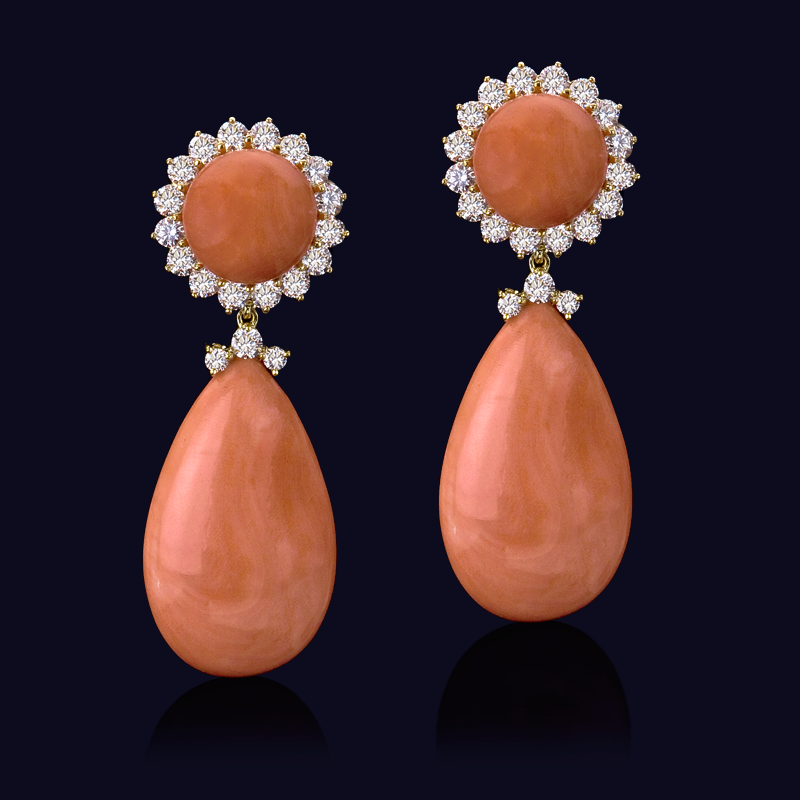 18K Yellow Gold Coral and Diamond Earrings