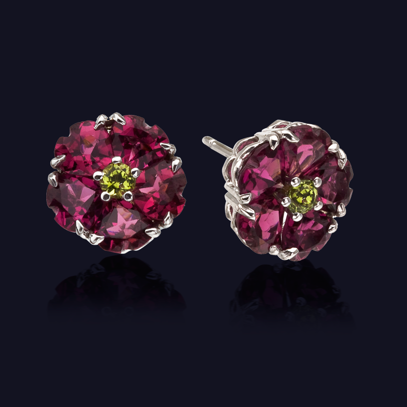 18K White Gold Garnet and Peridot Earrings